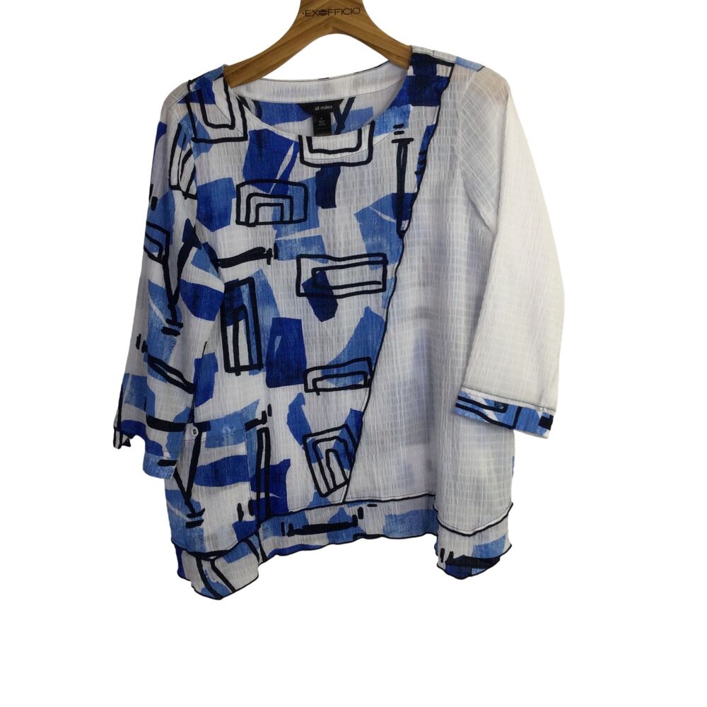 Ali Miles Women's Abstract Print Woven Asymmetrical Hem Tunic Blue Size Large